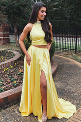 Bright Yellow Two Pieces Halter Neck Prom Dresses Beadings High Slit Party Dresses